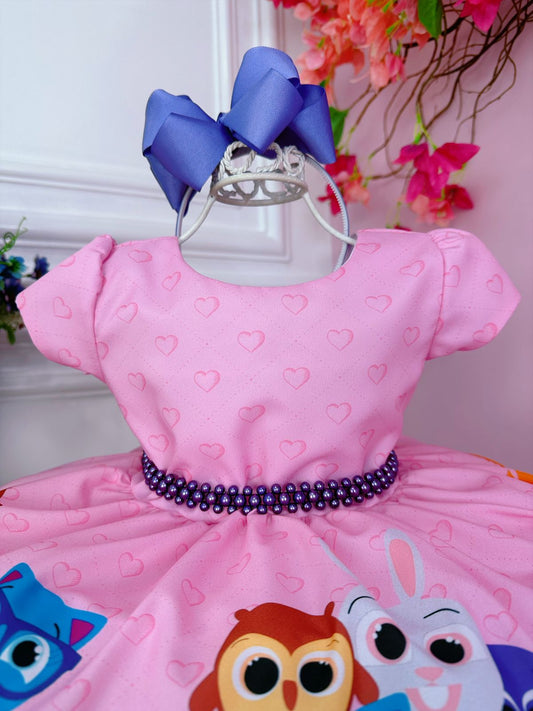 Vestido infantil floral Bolofofos rosa con cinturón de perlas