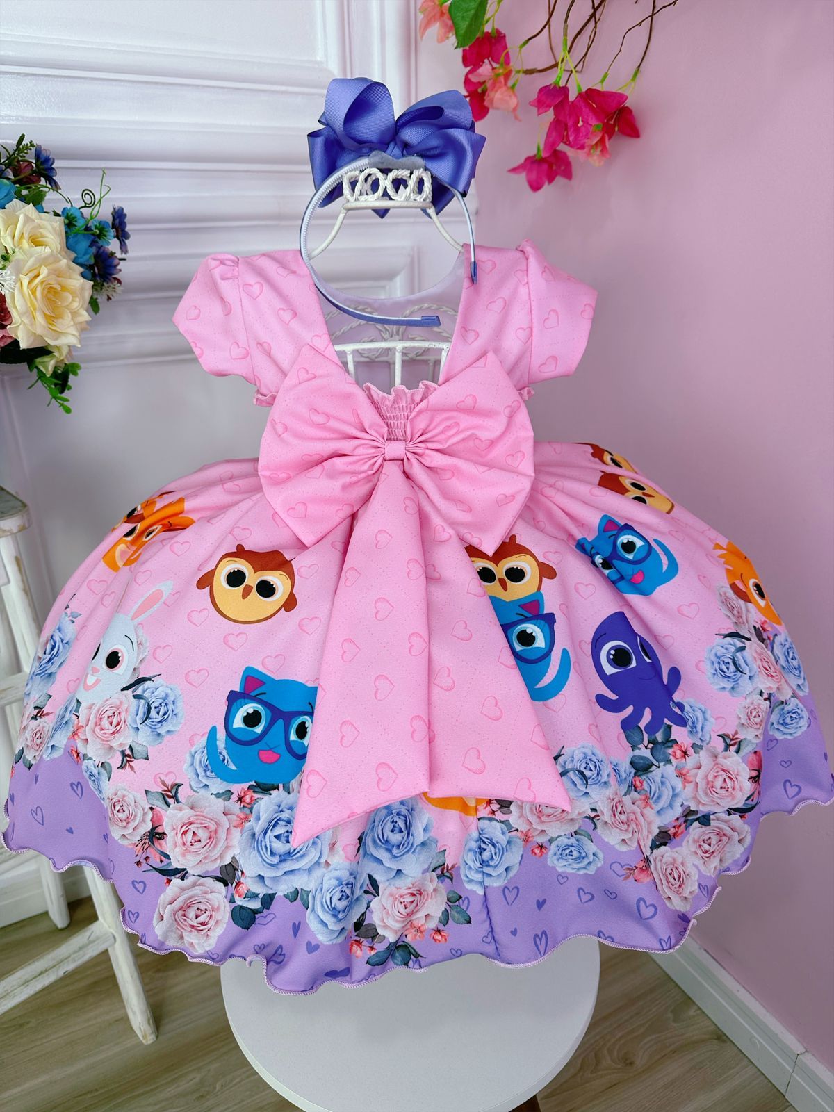 Vestido infantil floral Bolofofos rosa con cinturón de perlas