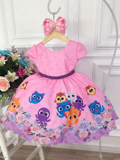 Vestido infantil floral Bolofofos rosa con cinturón de perlas