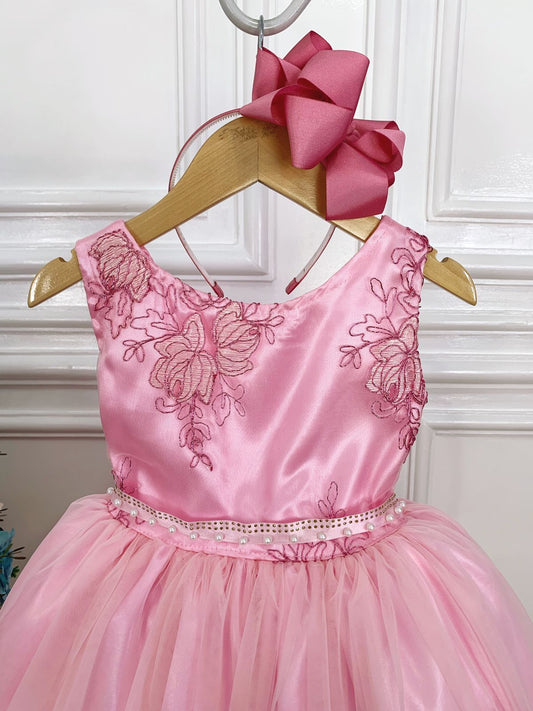 Vestido de dama de honor infantil rosa con cinturón de perlas y diamantes de imitación
