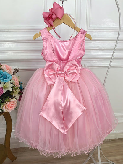 Vestido de dama de honor infantil rosa con cinturón de perlas y diamantes de imitación