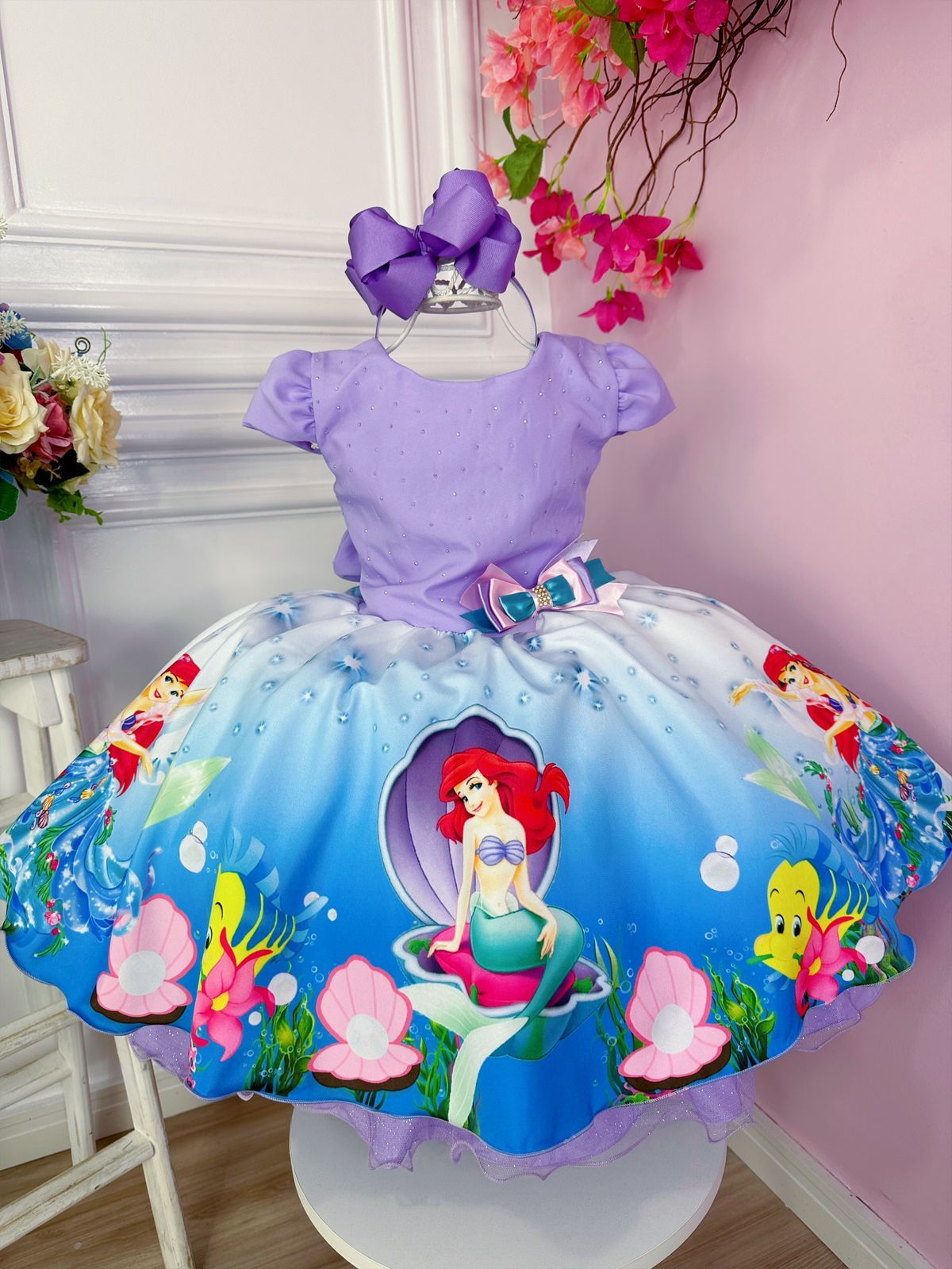 Vestido infantil de princesa Ariel sirena con apliques de diamantes de imitación color lila