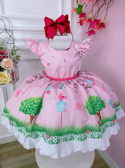 Vestido infantil rosa con cinturón de perlas de Jardín Encantado