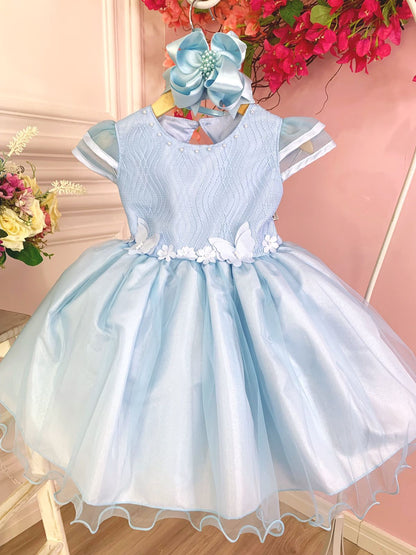 Vestido infantil azul con flores, mariposas y apliques de encaje