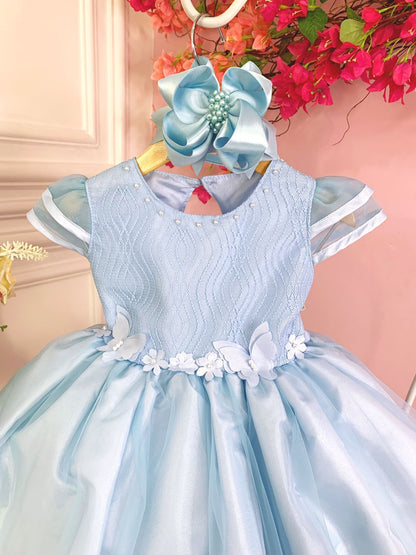 Vestido infantil azul con flores, mariposas y apliques de encaje