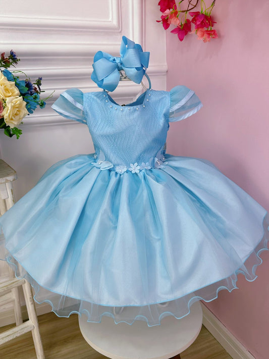 Vestido infantil azul con flores, mariposas y apliques de encaje