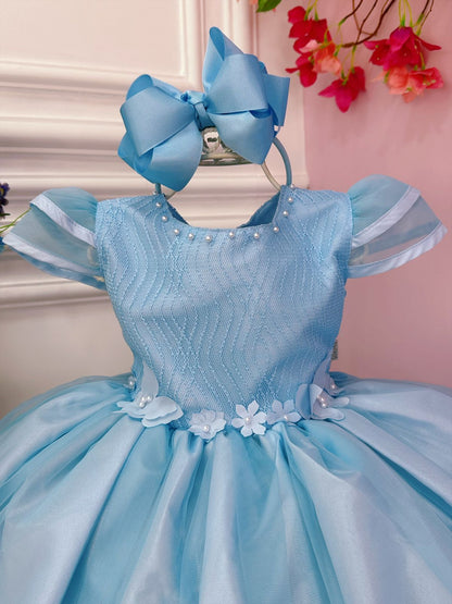 Vestido infantil azul con flores, mariposas y apliques de encaje
