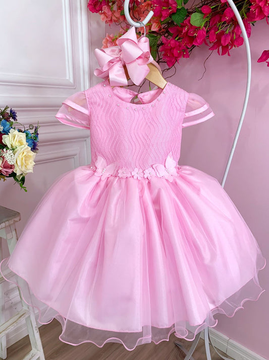 Vestido infantil rosa con flores, mariposas y apliques de encaje