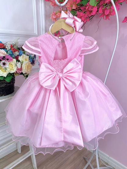 Vestido infantil rosa con flores, mariposas y apliques de encaje
