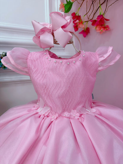 Vestido infantil rosa con flores, mariposas y apliques de encaje