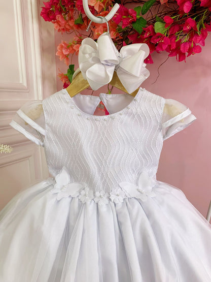 Vestido infantil blanco con flores, mariposas y apliques de encaje