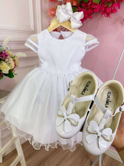 Vestido infantil blanco con flores, mariposas y apliques de encaje