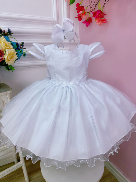 Vestido infantil blanco con flores, mariposas y apliques de encaje