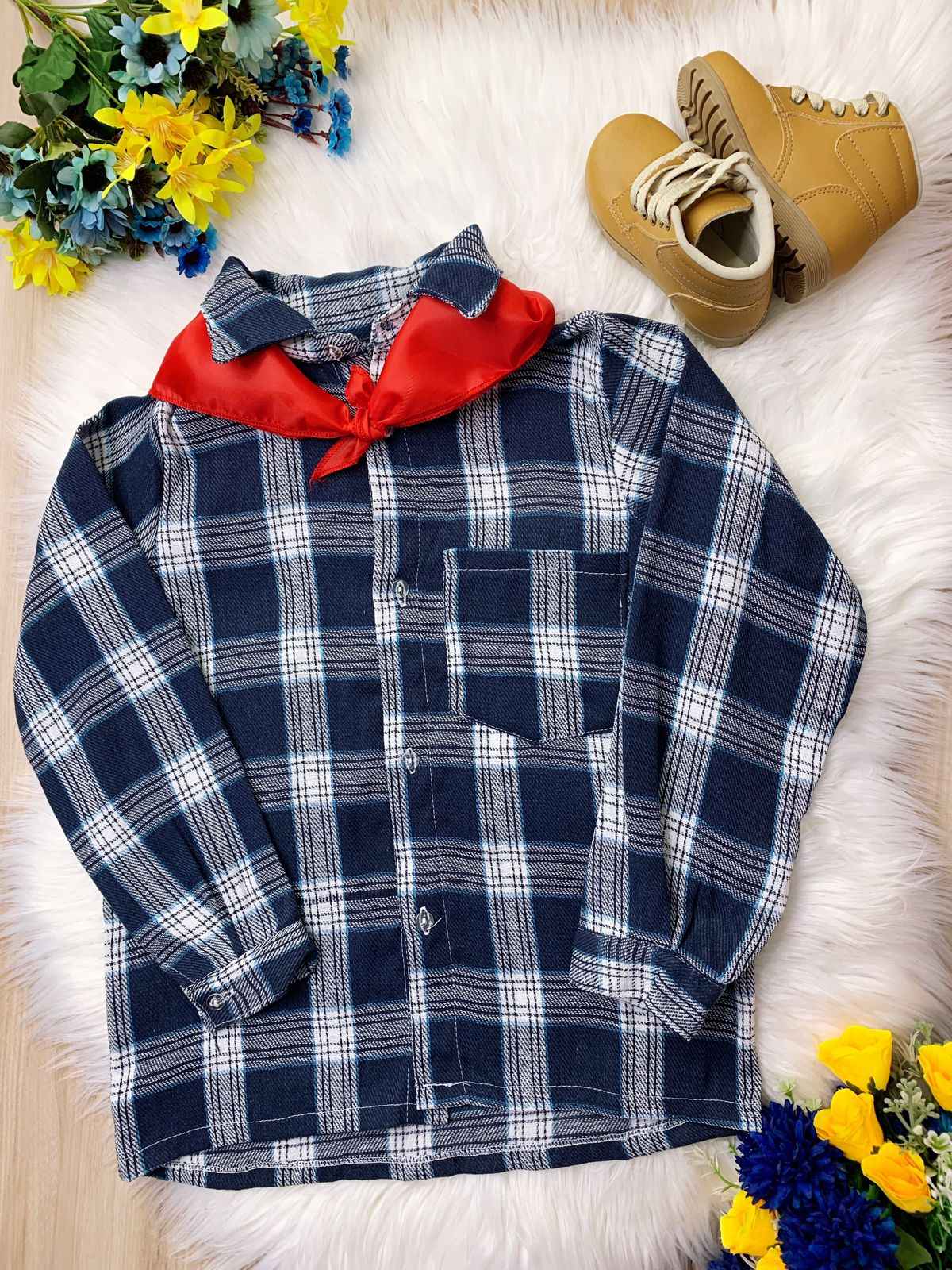 Camisa a cuadros Junino de rayas azul marino y blancas