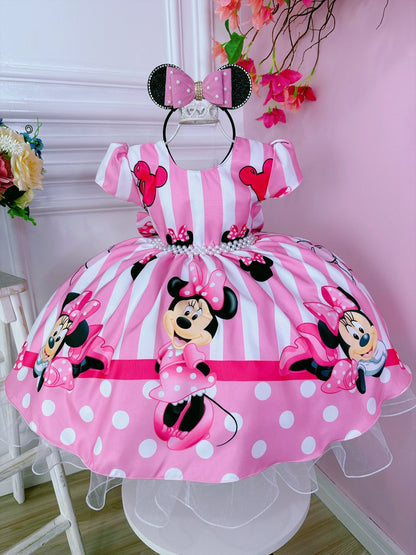 Vestido Infantil Minnie Rosa C/ Listras Cinto de Pérolas