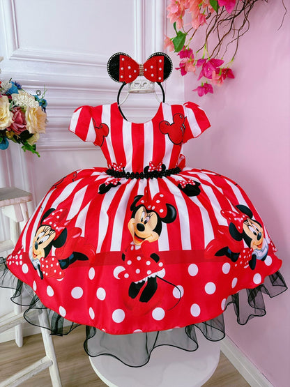 Vestido rojo de Minnie Mouse con rayas y cinturón de perlas