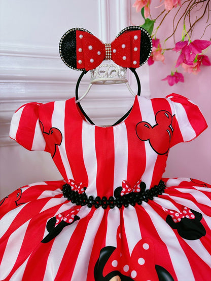 Vestido rojo de Minnie Mouse con rayas y cinturón de perlas