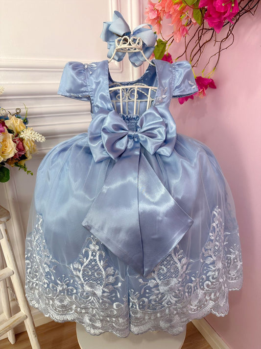 Vestido infantil azul con encaje real y cinturón de perlas 
