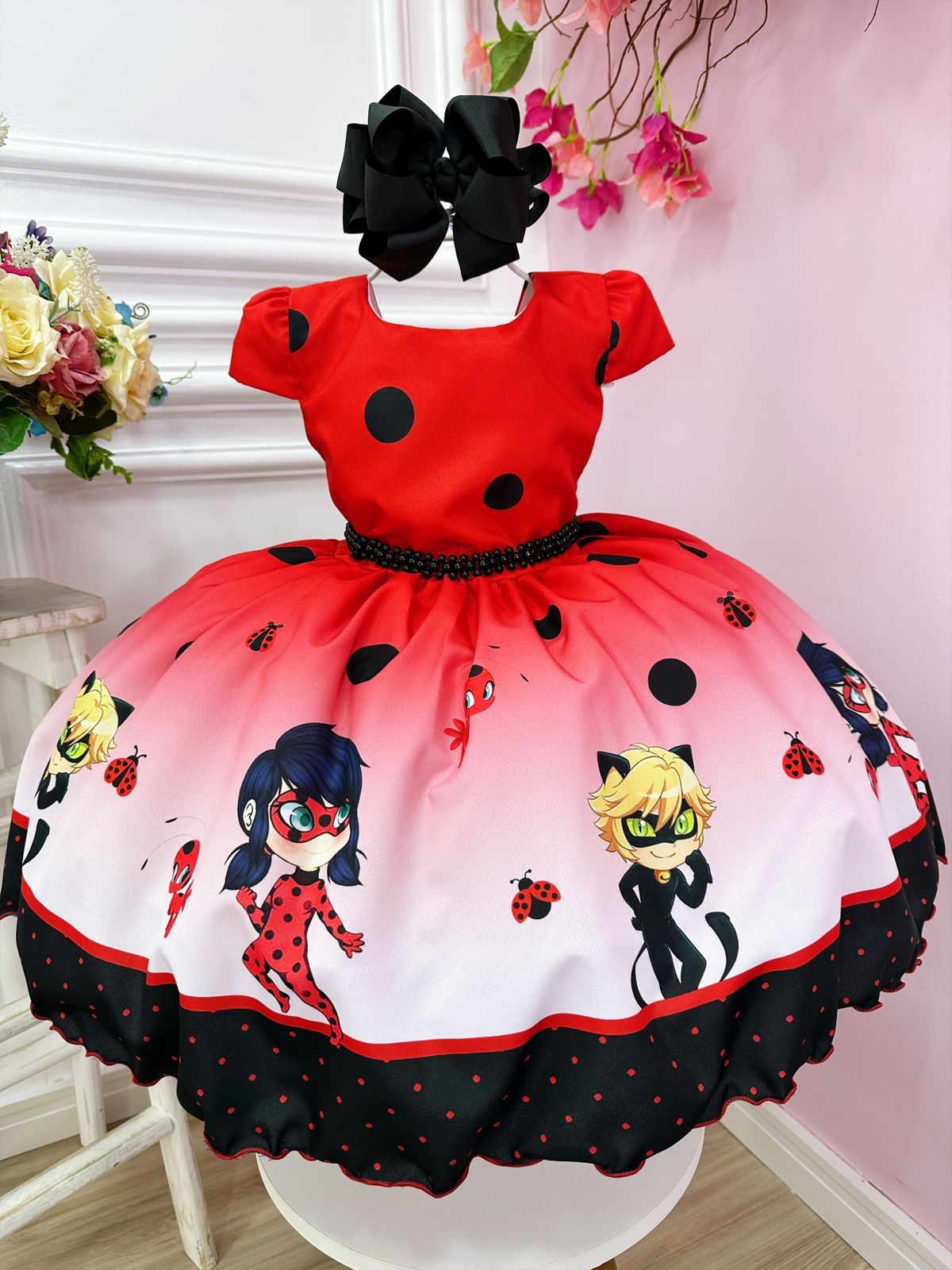 Vestido infantil rojo de lujo de Ladybug y Cat Noir