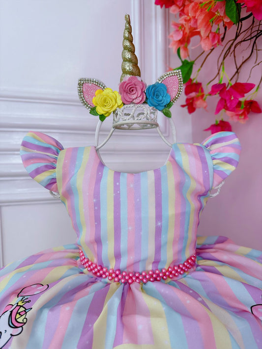 Vestido de bebé unicornio blanco con rayas de colores