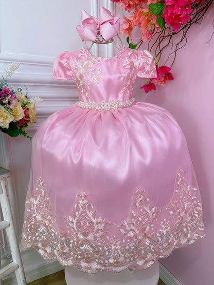 Vestido infantil rosa con encaje real y cinturón de perlas 