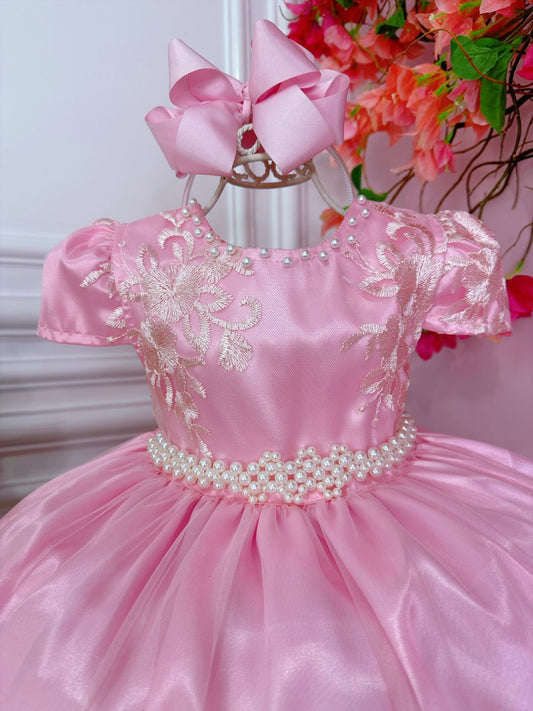 Vestido infantil rosa con encaje real y cinturón de perlas 
