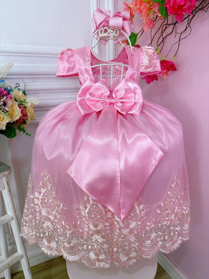 Vestido infantil rosa con encaje real y cinturón de perlas 