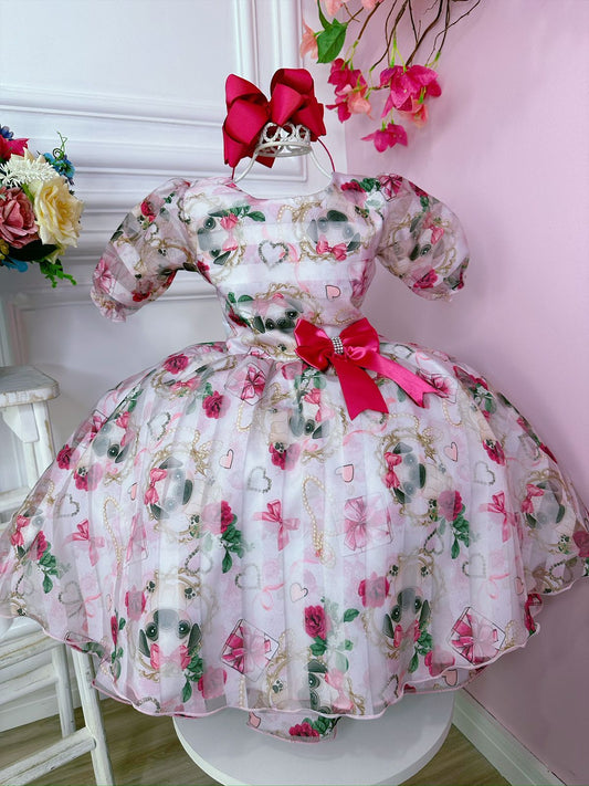 Vestido infantil con lazo y apliques de perrito con flores blancas