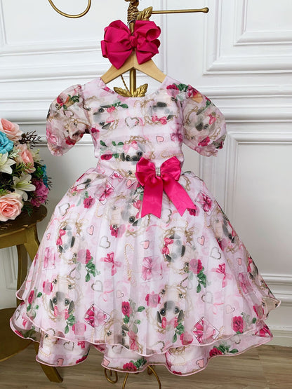 Vestido infantil con lazo y apliques de perrito con flores blancas
