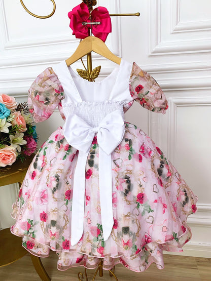 Vestido infantil con lazo y apliques de perrito con flores blancas