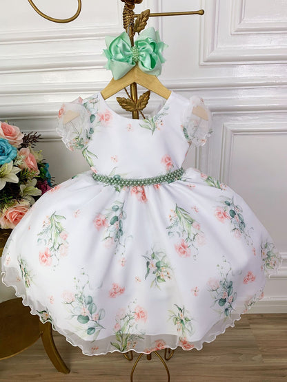 Vestido infantil verde oliva con flores blancas y cinturón de perlas