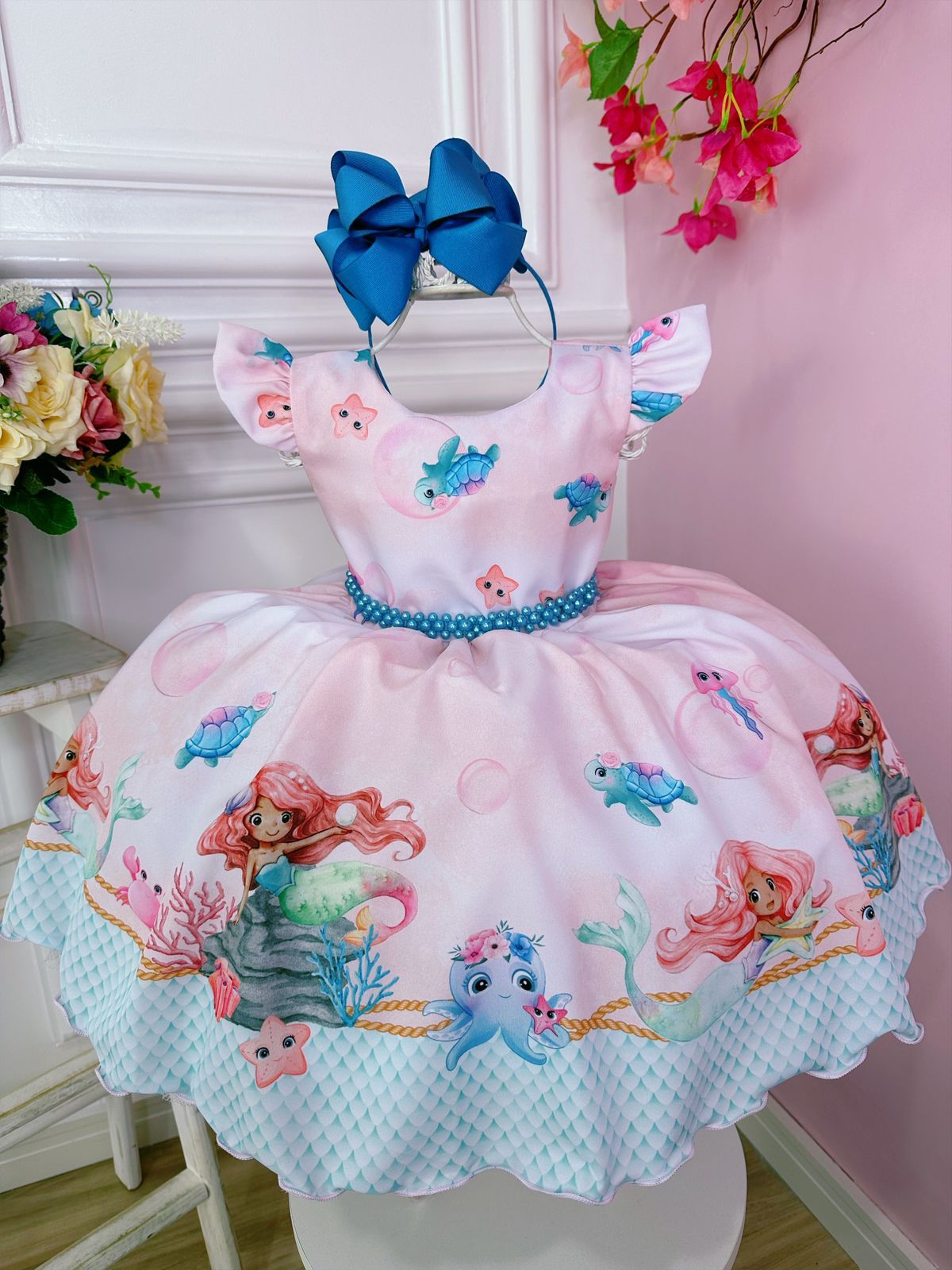 Vestido de princesa sirena con perlas de Ariel y sus amigas