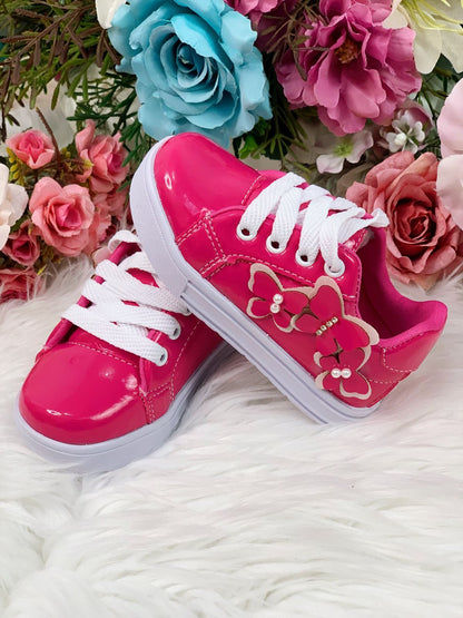 Zapatillas rosas con cordones y aplique de mariposa para niñas 