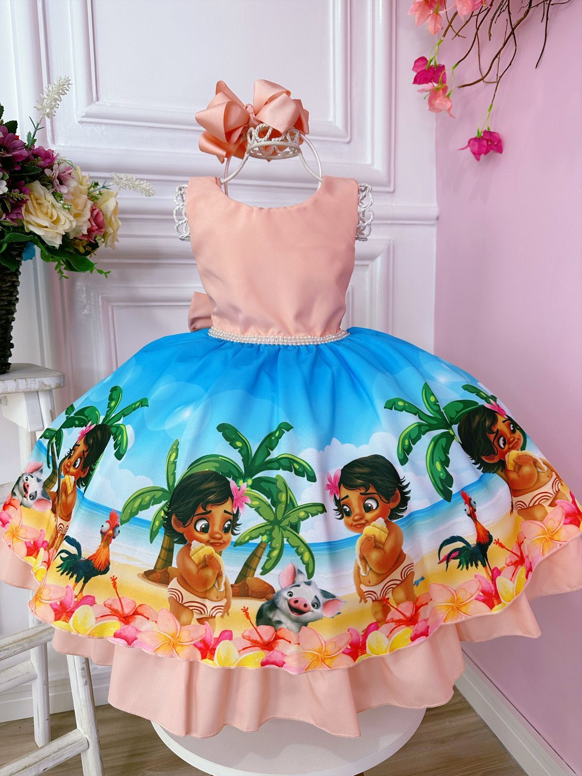 Vestido Infantil Moana Baby Pêssego e Azul Luxo Festa