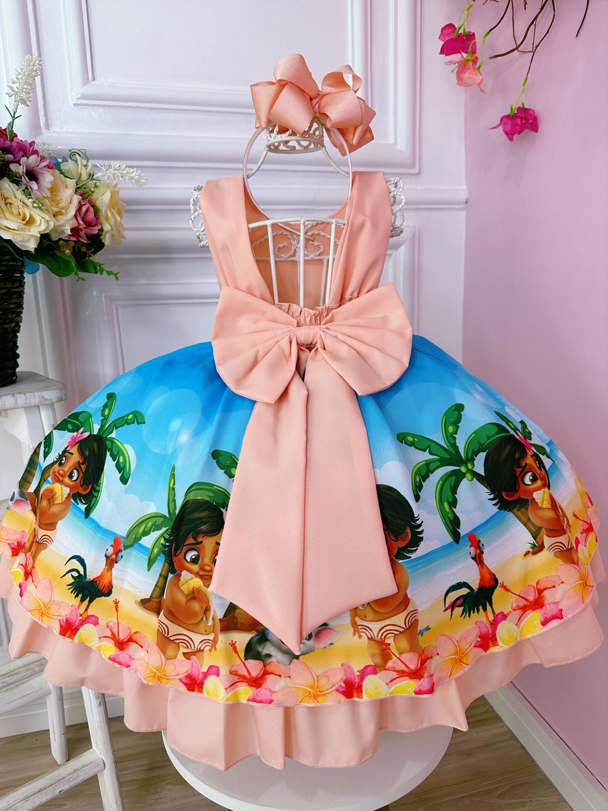 Vestido Infantil Moana Baby Pêssego e Azul Luxo Festa