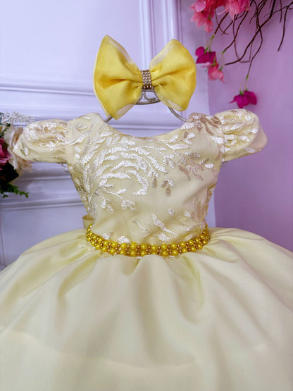 Vestido Infantil Amarelo C/ Renda e Cinto de Pérolas e Laço