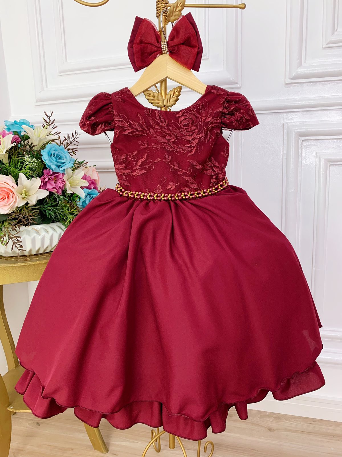 Vestido Infantil Marsala Renda Com Cinto de Pérolas e Laço