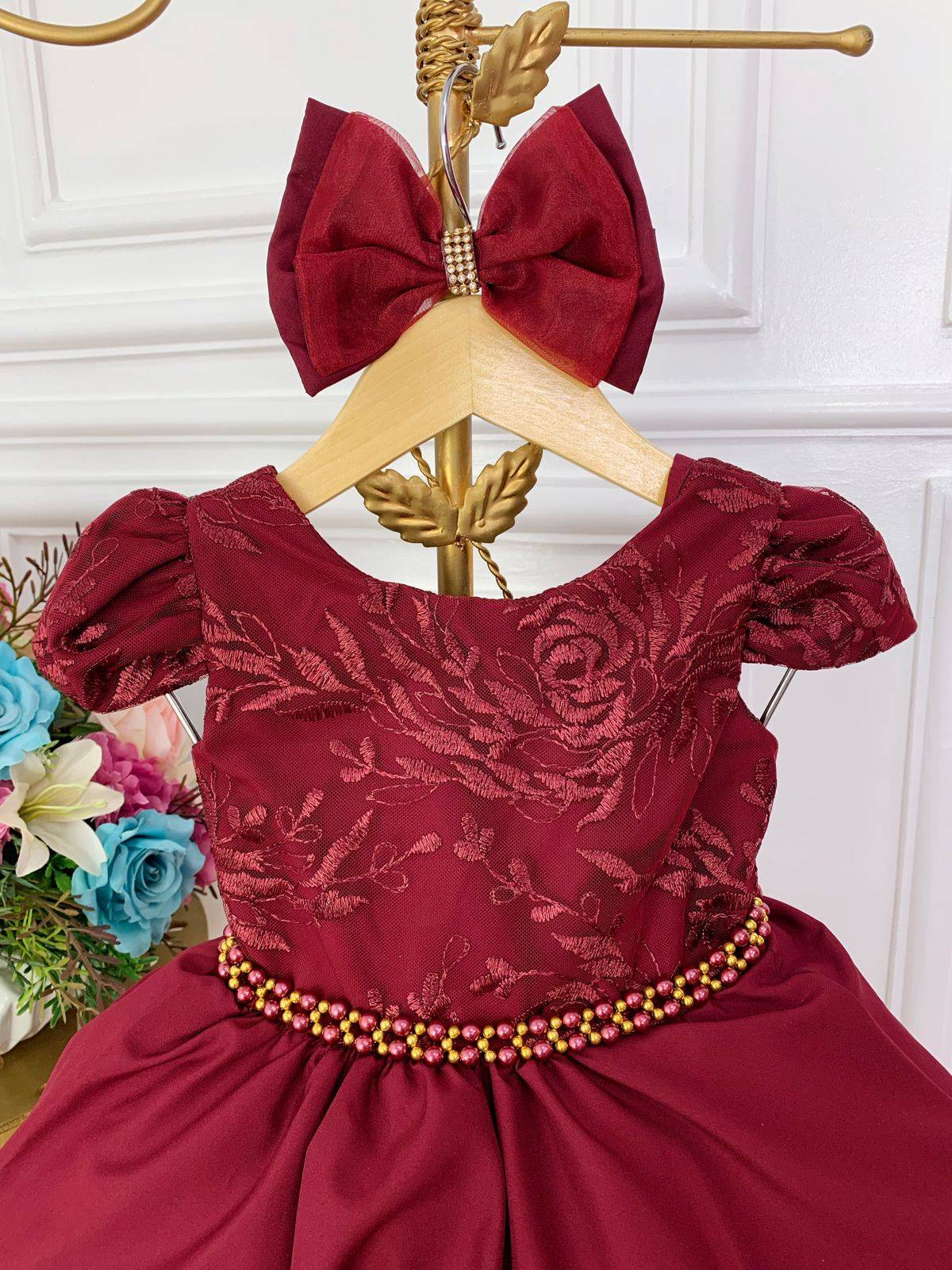 Vestido Infantil Marsala Renda Com Cinto de Pérolas e Laço