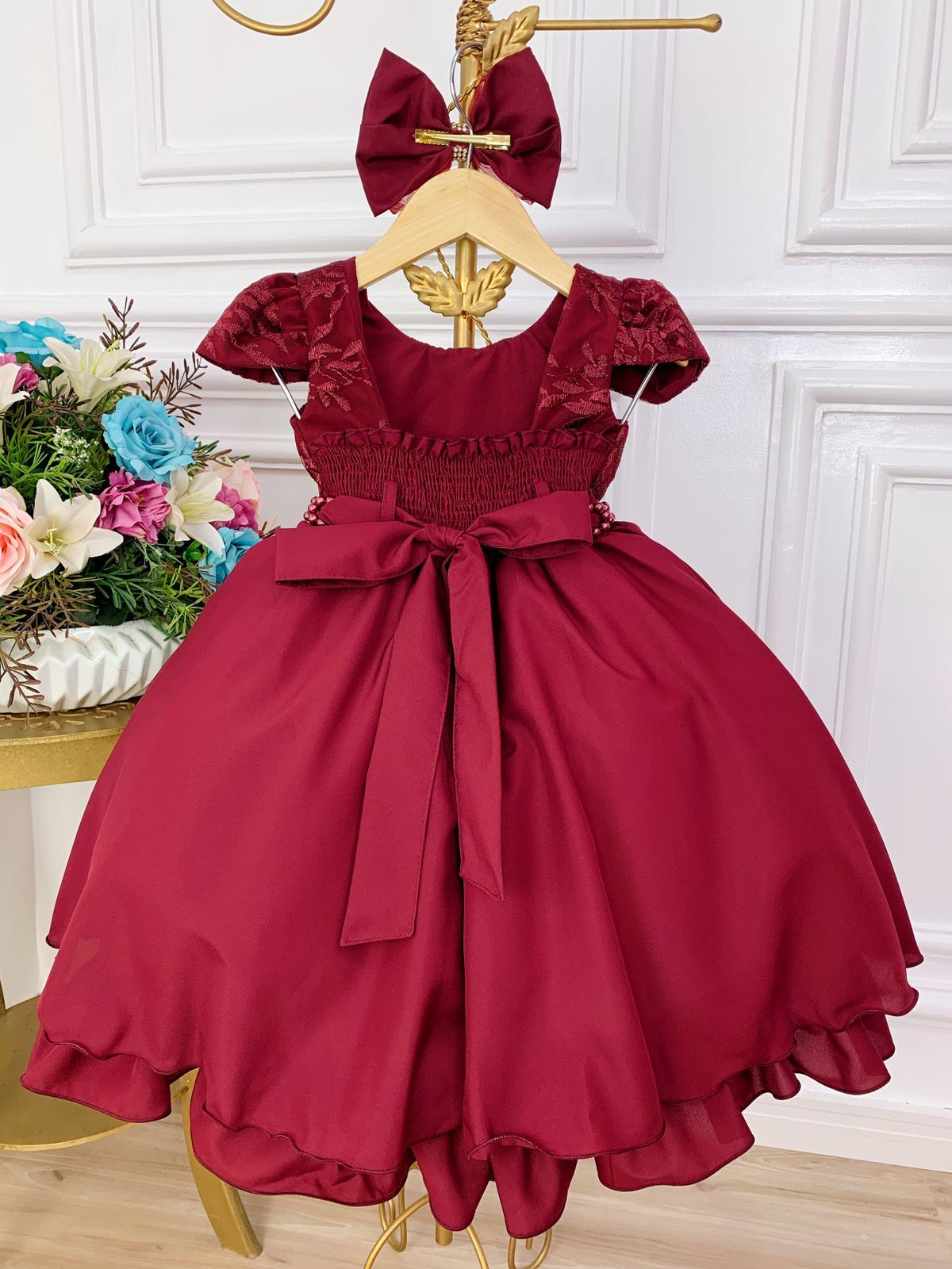 Vestido Infantil Marsala Renda Com Cinto de Pérolas e Laço