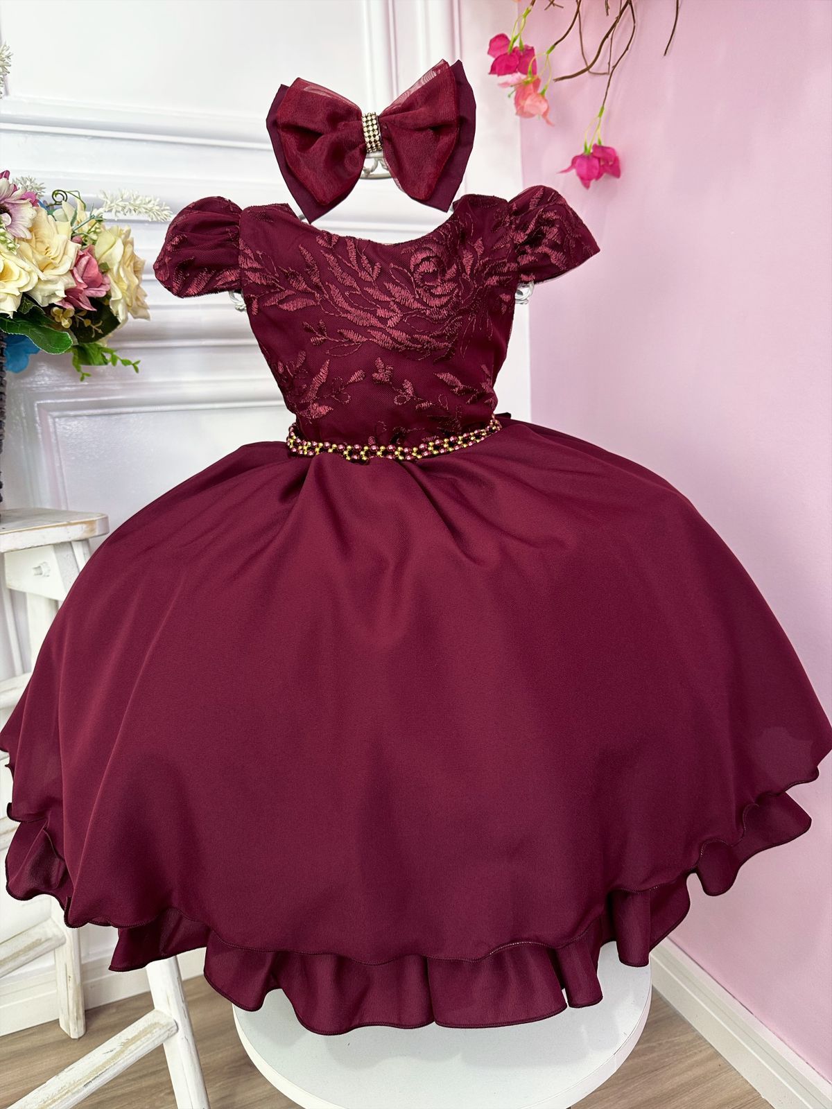 Vestido Infantil Marsala Renda Com Cinto de Pérolas e Laço