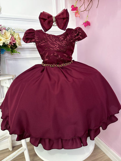 Vestido Infantil Marsala Renda Com Cinto de Pérolas e Laço