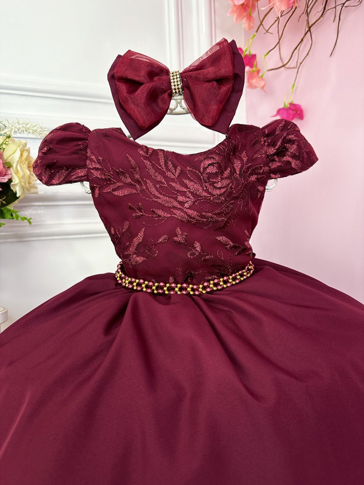 Vestido Infantil Marsala Renda Com Cinto de Pérolas e Laço
