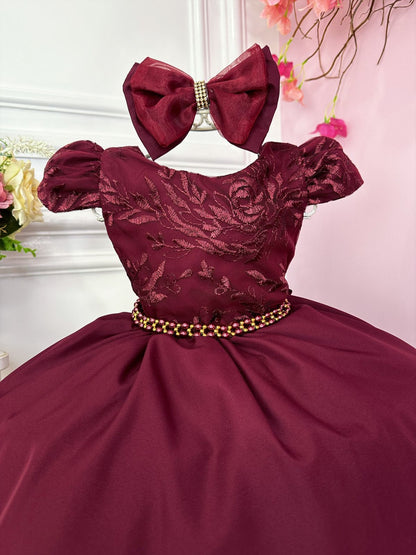 Vestido Infantil Marsala Renda Com Cinto de Pérolas e Laço