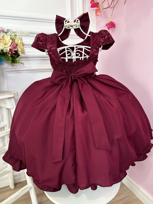 Vestido infantil de encaje Marsala con cinturón de perlas y lazo
