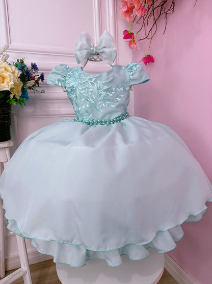 Vestido infantil verde claro con cinturón de encaje y lazo de perlas
