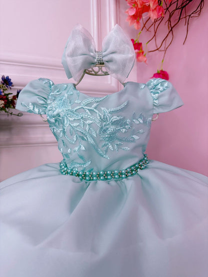 Vestido infantil verde claro con cinturón de encaje y lazo de perlas