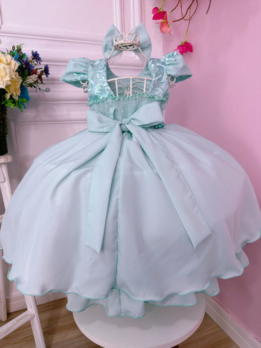 Vestido infantil verde claro con cinturón de encaje y lazo de perlas
