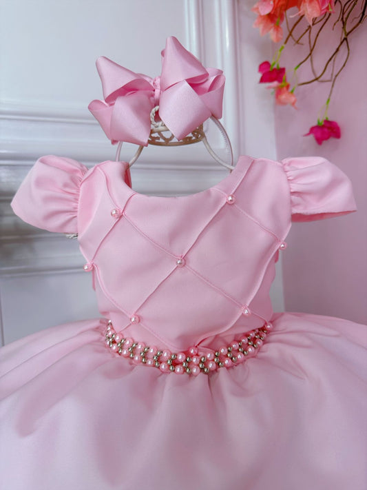 Vestido de niña de las flores rosa con cinturón de perlas