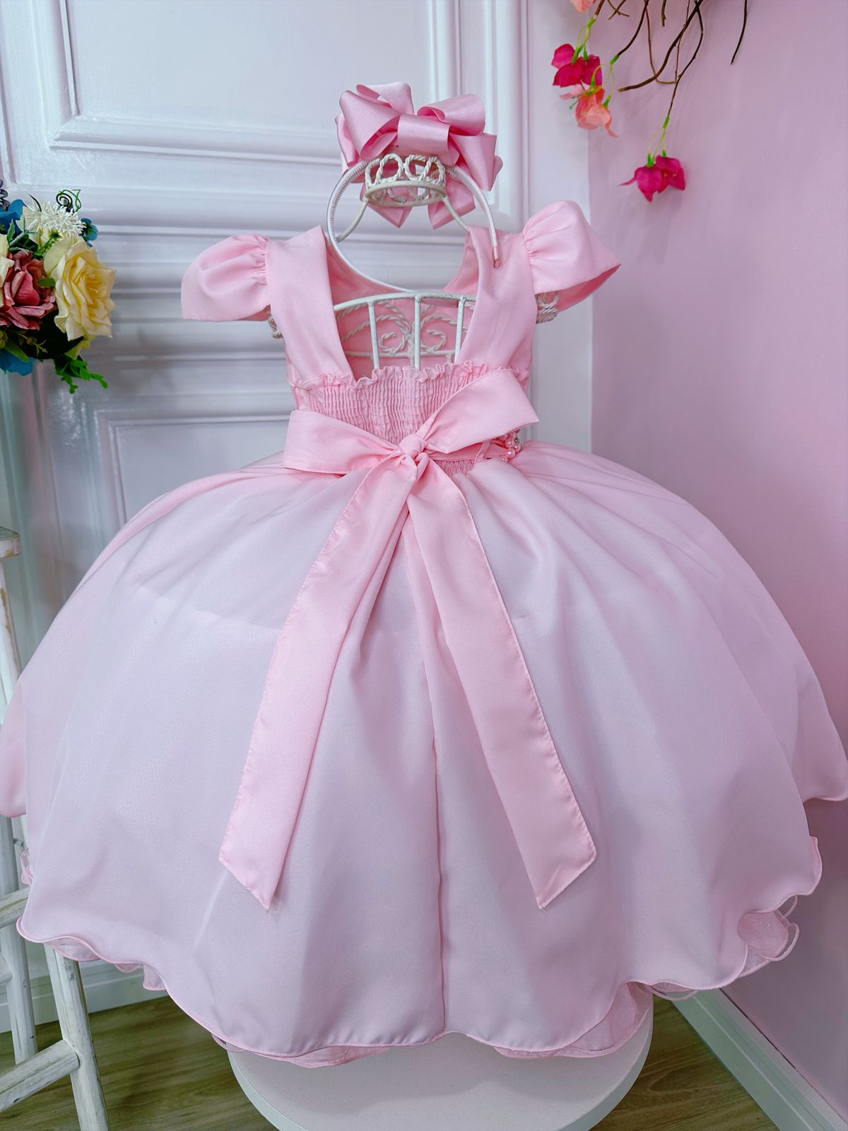 Vestido de niña de las flores rosa con cinturón de perlas
