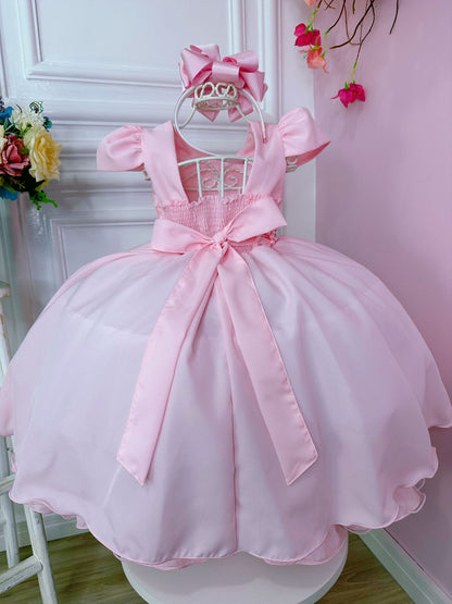 Vestido de niña de las flores rosa con cinturón de perlas